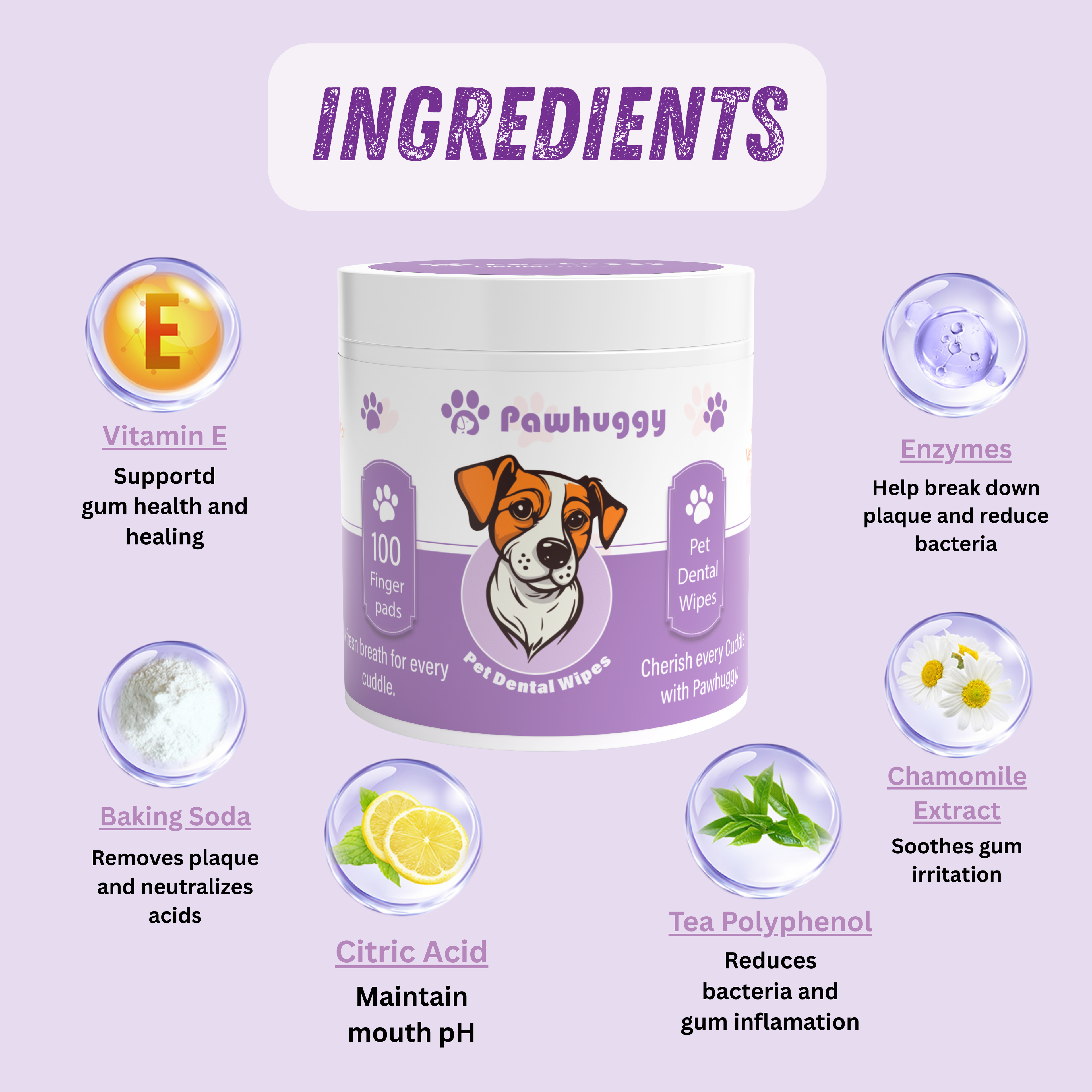 Pawhuggy Pet Dental Finger Wipes — 100 Wipes · Fresh Breath & Plaque Control